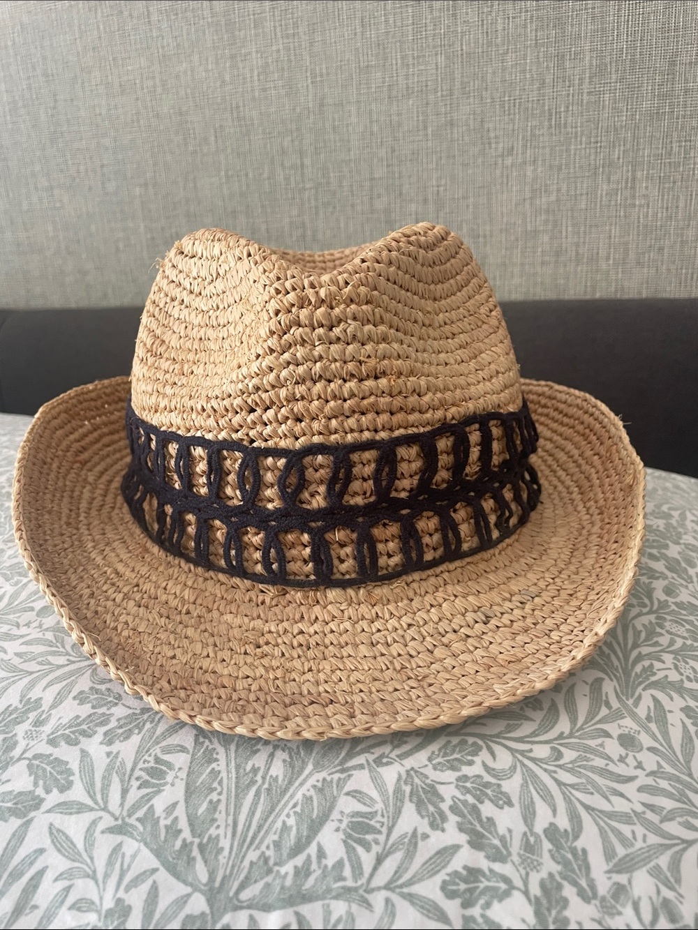 Talbots Tan Straw Fedora with Black Crochet Trim